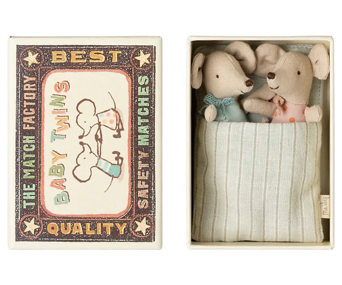 Maileg Twins, Baby Mice in Matchbox Stars/Dots
