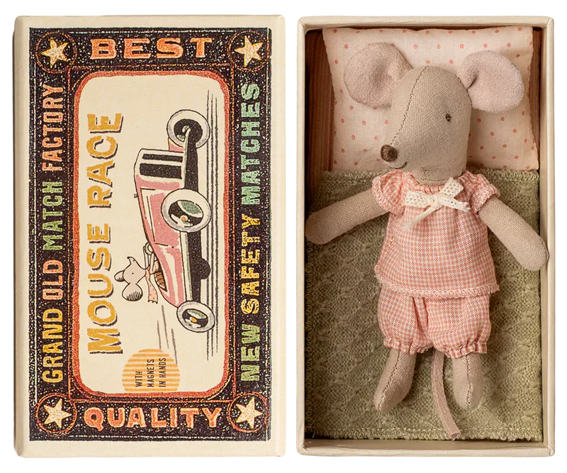 Maileg Princess Mouse, Little sister in Matchbox - Gingham Set